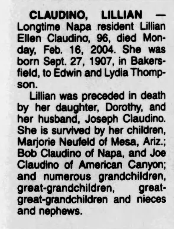 Obituary for Lillian Ellen CLAUDINO, 1907-2004 (Aged 96)